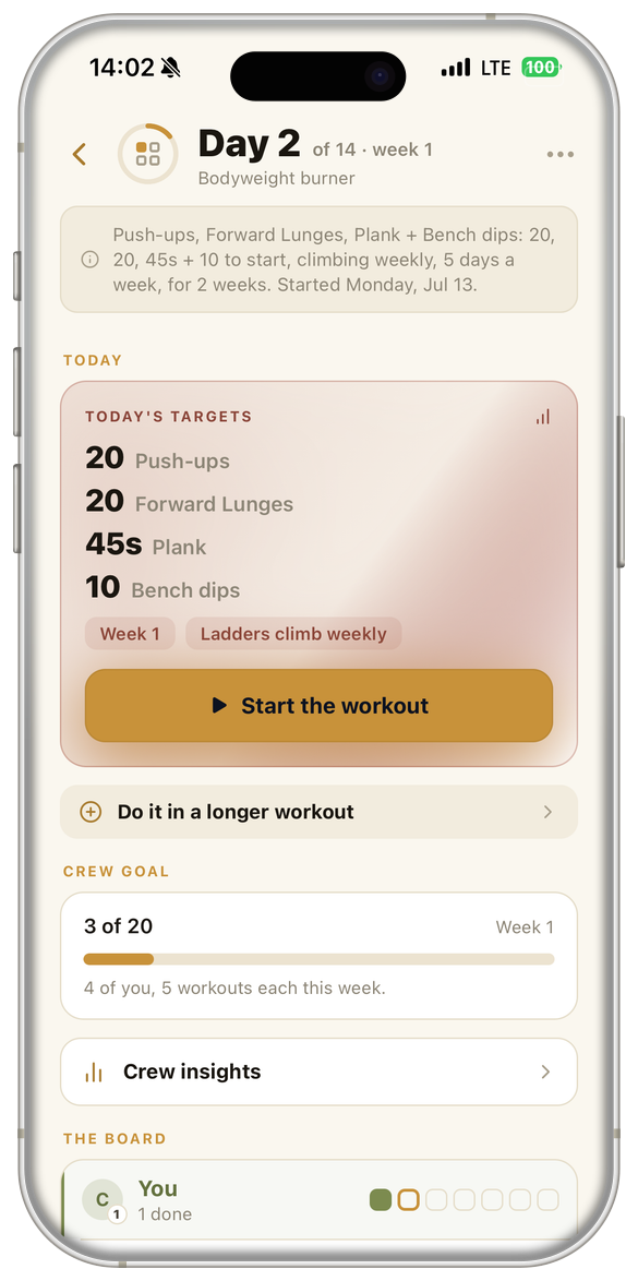 Day 2 of a challenge called Bodyweight burner: today's targets, a Start the workout button, the crew goal, and the board.