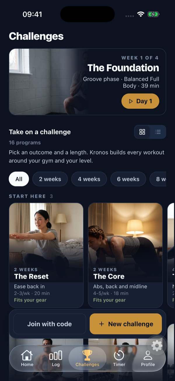 The Challenges tab with The Foundation in week 1 of 4 at the top, and the program shelf below it: sixteen programs, filtered by length, starting with The Reset and The Core.
