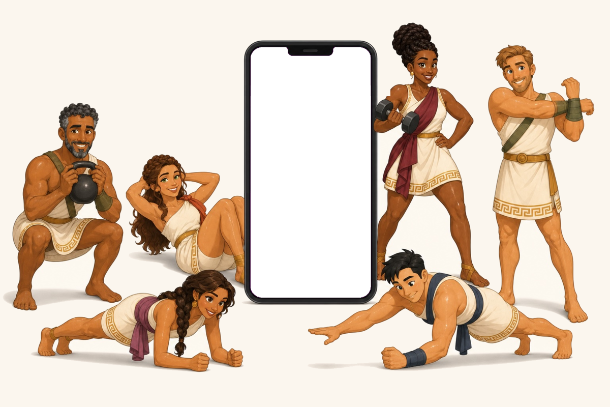 Six Kronos characters standing in a semicircle, one holding up a phone showing today's workout.