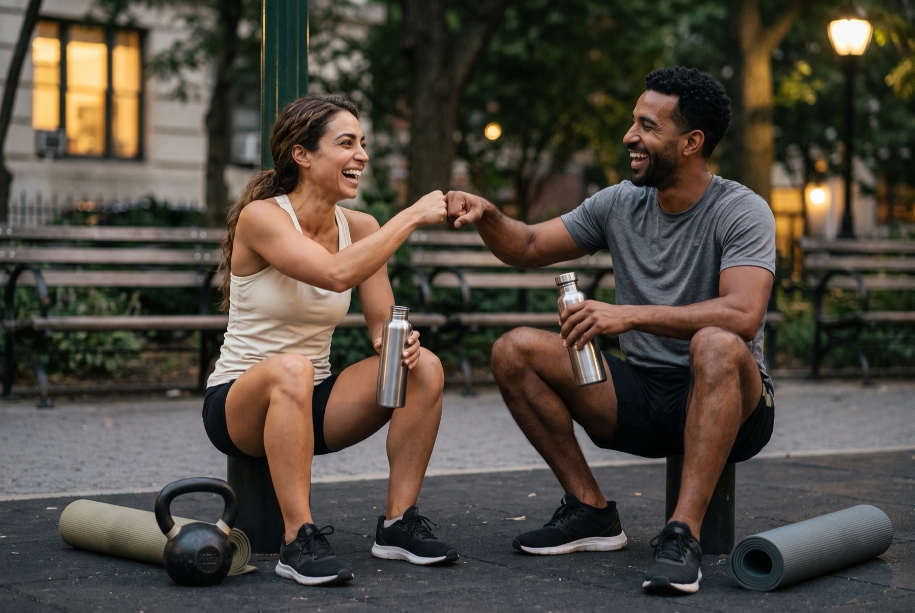 Two friends fist-bumping after training in a park at dusk