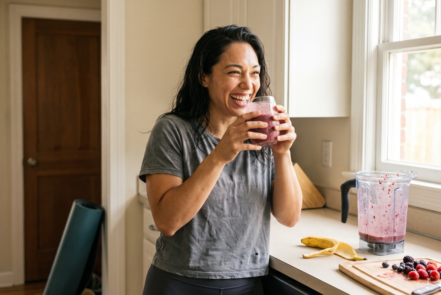 Laughing over a post-workout smoothie at the kitchen counter