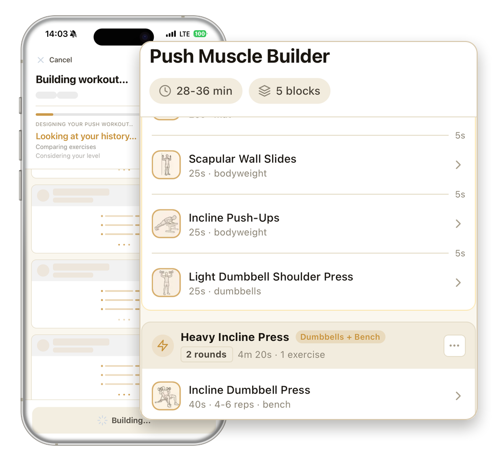 While Kronos thinks (Looking at your history, Comparing exercises), the finished plan floats over it: Push Muscle Builder, 28 to 36 minutes, five blocks, with warm-up moves and the first strength block.