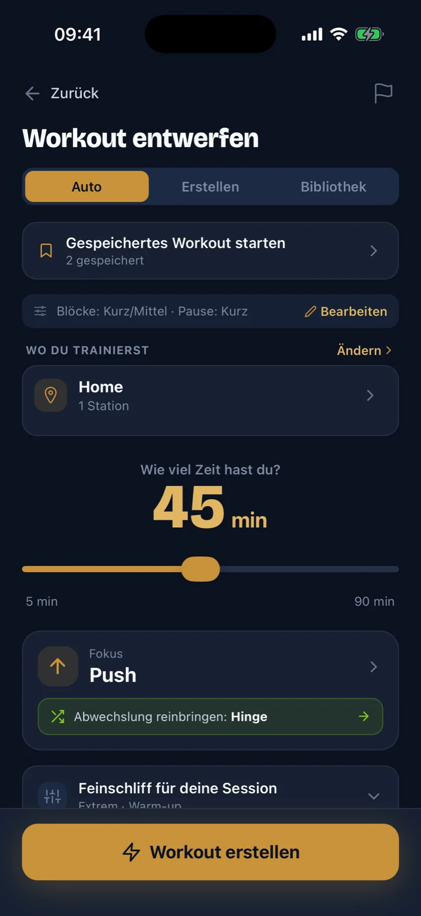 Der Bildschirm fürs Trainingsdesign: Wähle deine Zeit, dein Equipment und deinen Fokus