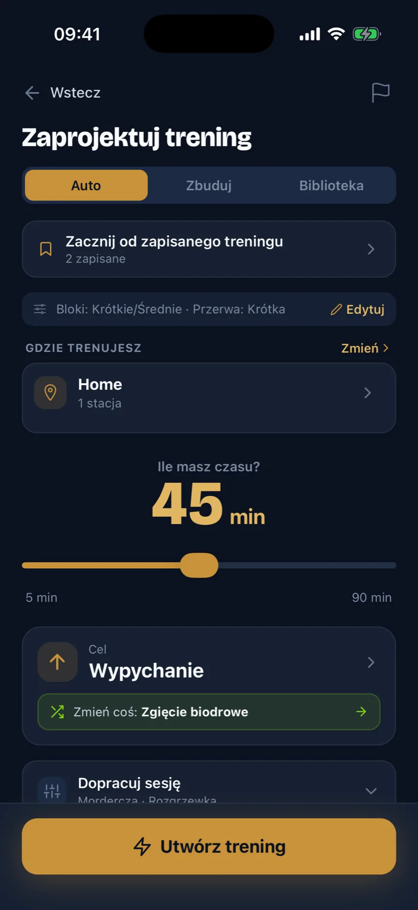 Ekran projektowania treningu: wybierz czas, sprzęt i cel