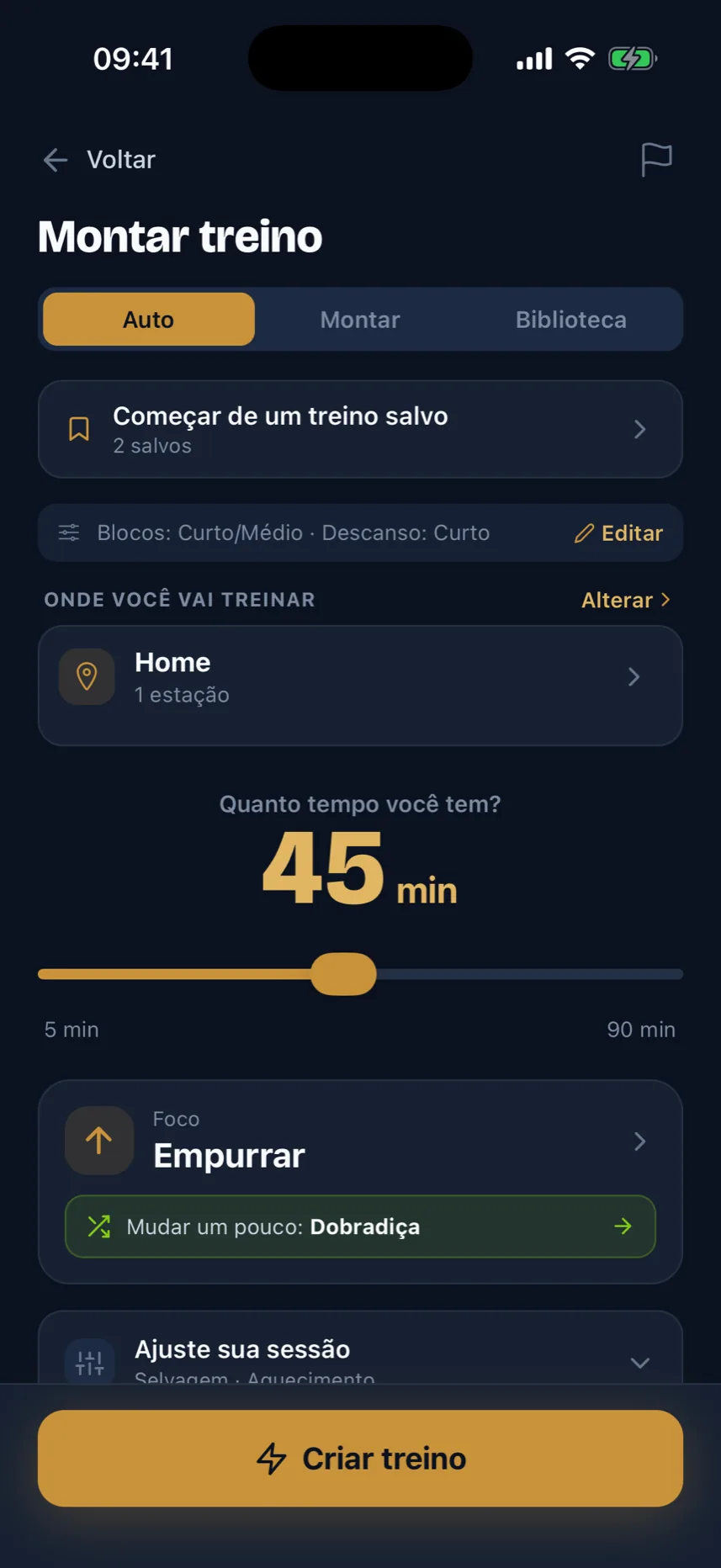 A tela Criar treino: escolha seu tempo, equipamento e foco